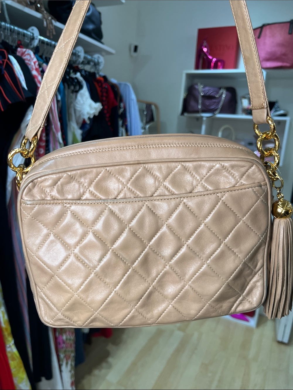 CHANEL Beige Quilted Leather Crossbody with Tassel and Chain